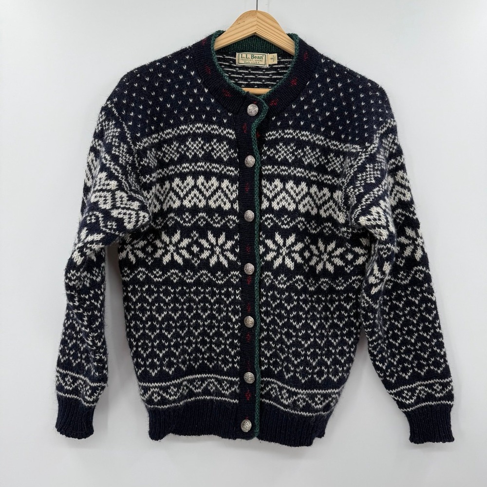 Vtg LL Bean Cardigan Womens Small Fair Isle Wool Sweater Nordic Snowflake ugly